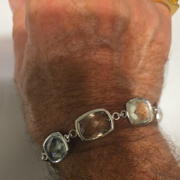 Blue Moonstone with Clear Quartz and S925 Silver Beads  Chic Silver Bracelet with Clear Stones